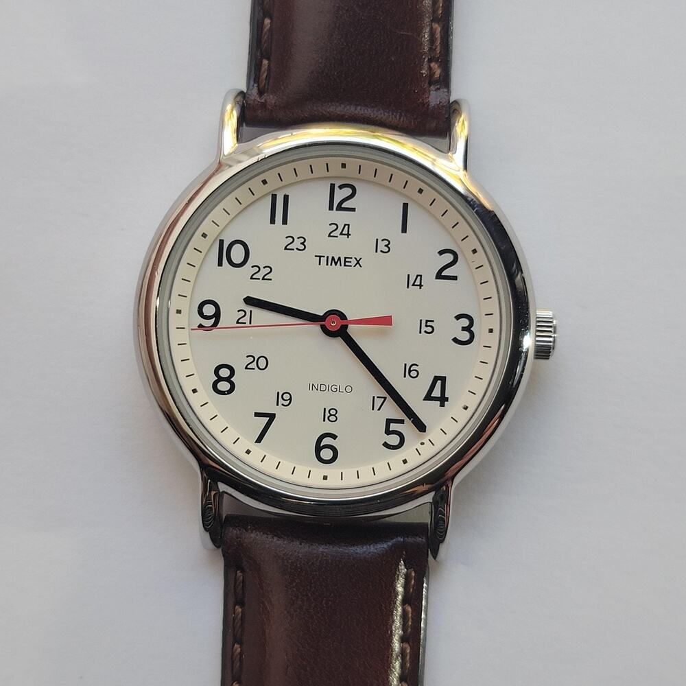 Mens Timex Watch 38mm White Dial Silver Case Brown Leather Strap Indiglo Quartz